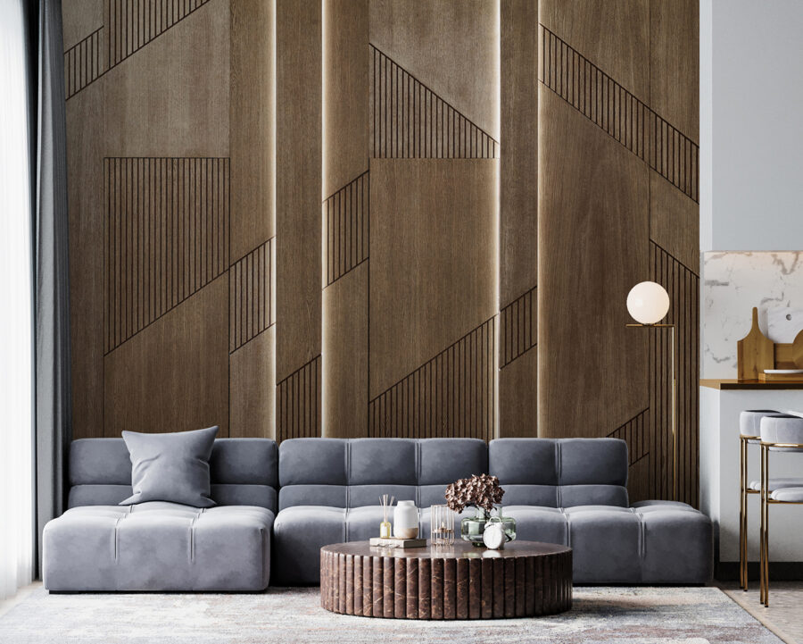 Elegancki geometryczny wzór na drewnianych panelach.