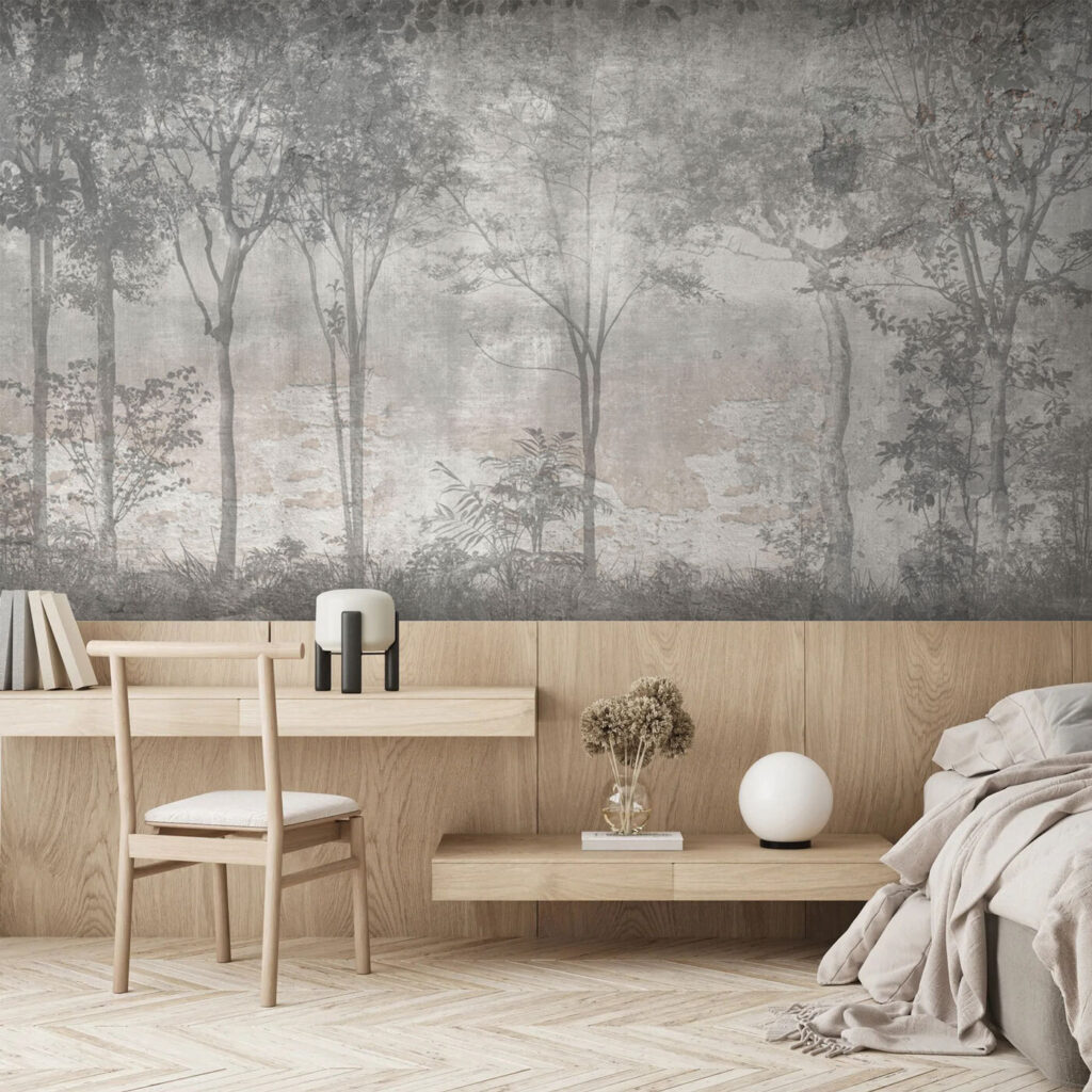 A grey and white photo of trees