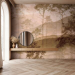 Fototapeta Mglisty krajobraz z drzewami i wzgórzami