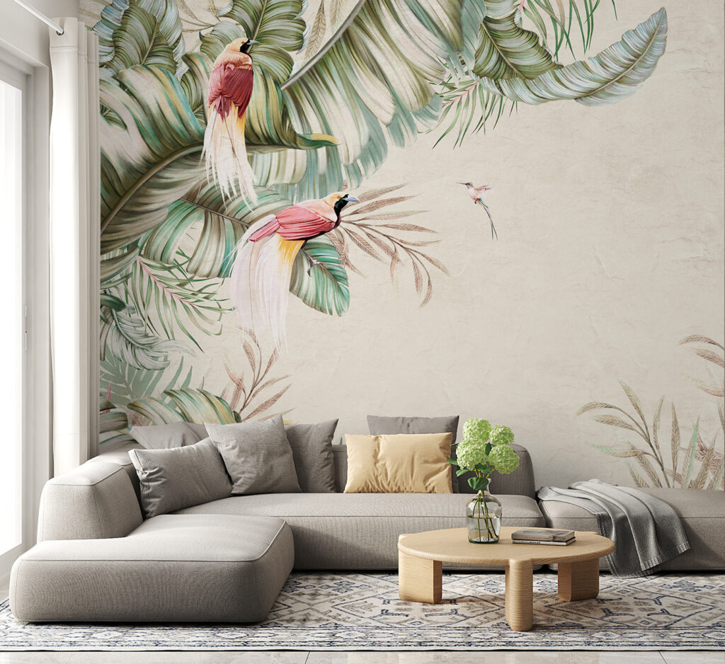 Tropical scene with vibrant birds
