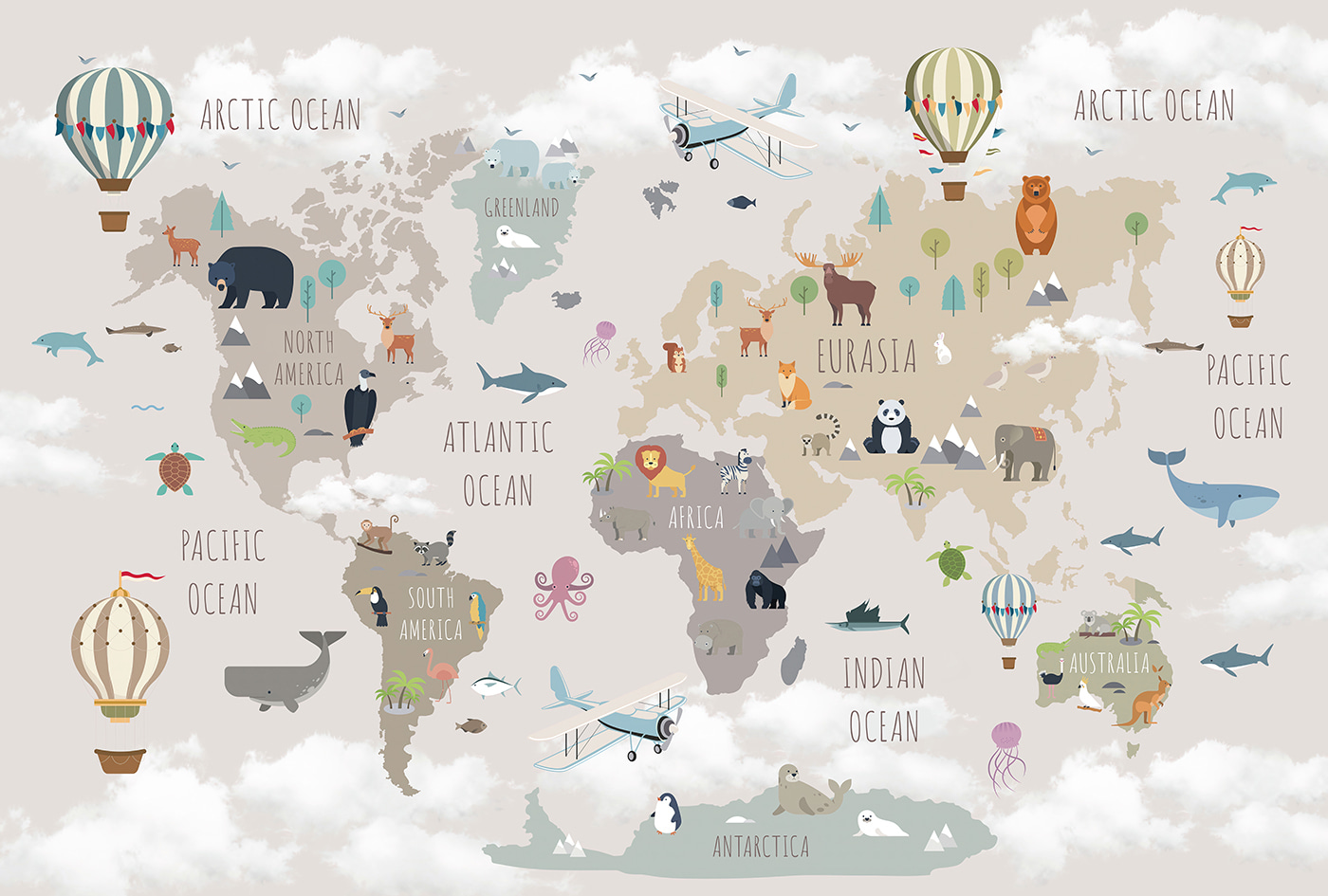 Map of the world with animals and birds Map of the world with animals and birds