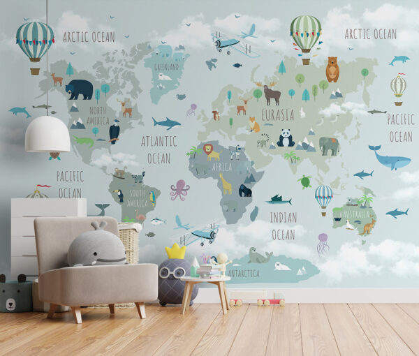 Mapa świata ze zwierzętami i ptakami Mapa świata ze zwierzętami i ptakami