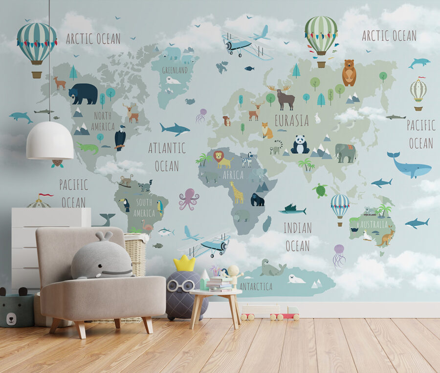 Mapa świata ze zwierzętami i ptakami Mapa świata ze zwierzętami i ptakami