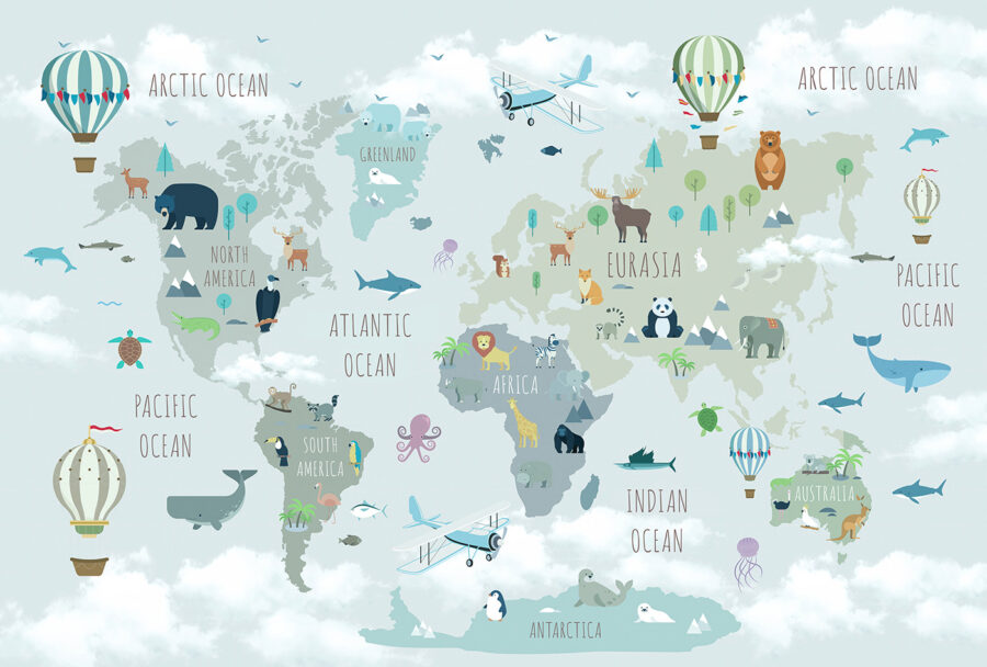 Mapa świata ze zwierzętami i ptakami Mapa świata ze zwierzętami i ptakami