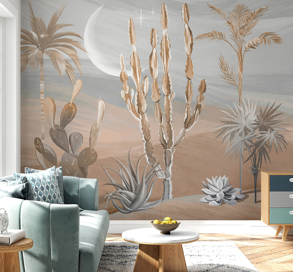 Desert landscape with cactus and palm trees Desert landscape with cactus and palm trees