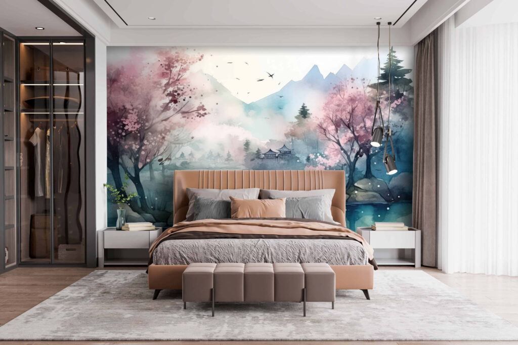 Watercolor painting of a lake with trees and mountains Watercolor painting of a lake with trees and mountains