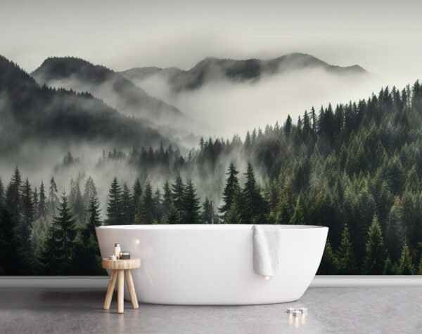 Forest with fog and mountains Forest with fog and mountains