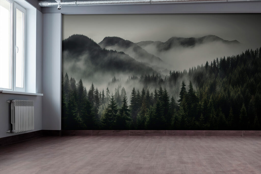 Forest with fog and mountains Forest with fog and mountains