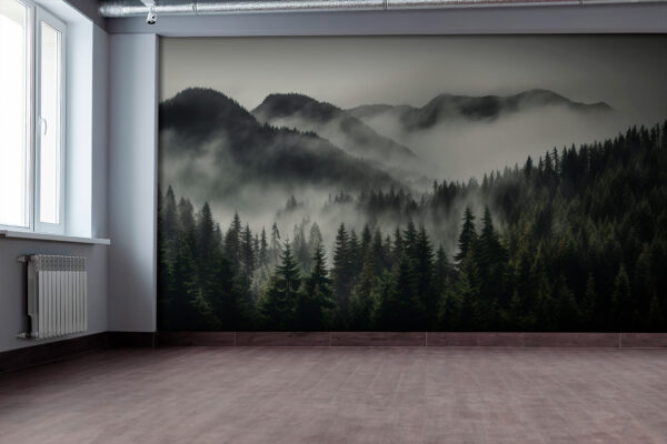 Forest with fog and mountains Forest with fog and mountains