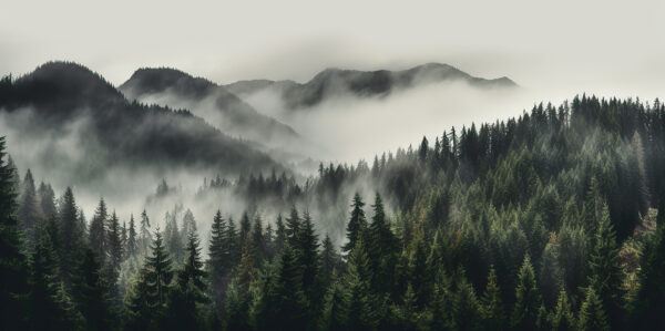 Forest with fog and mountains Forest with fog and mountains