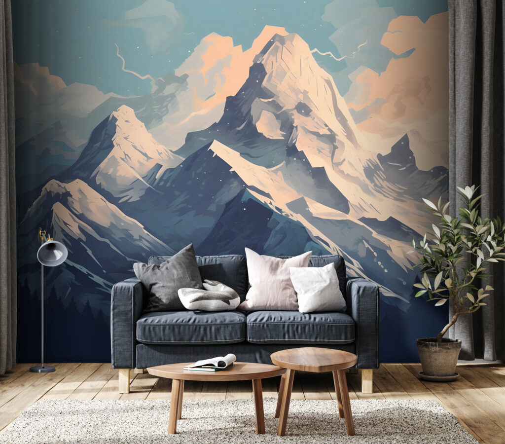 Mountain range with trees and clouds