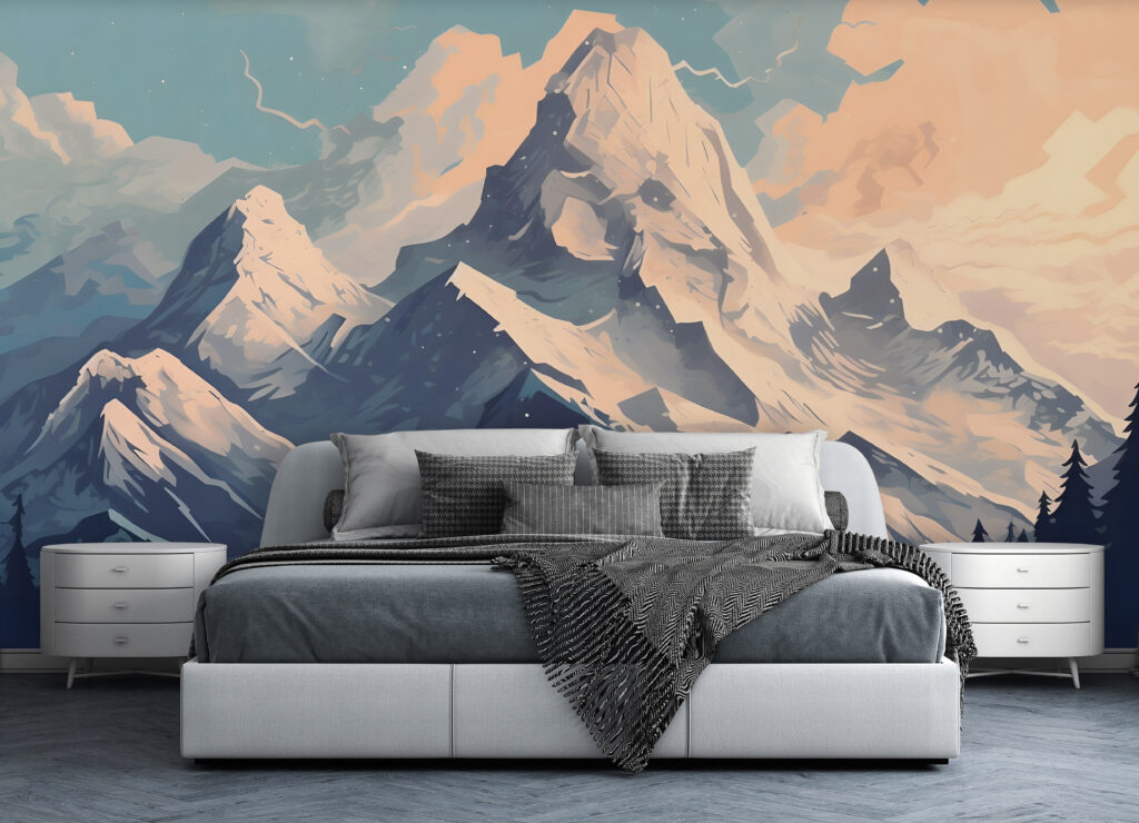 Mountain range with trees and clouds