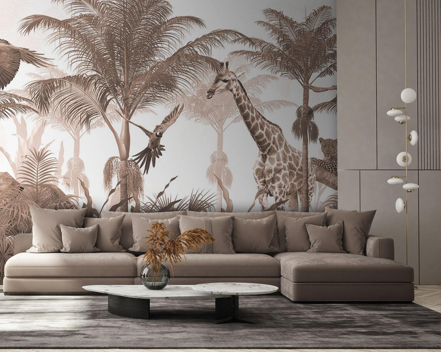 Giraffes and a parrot in a forest Giraffes and a parrot in a forest