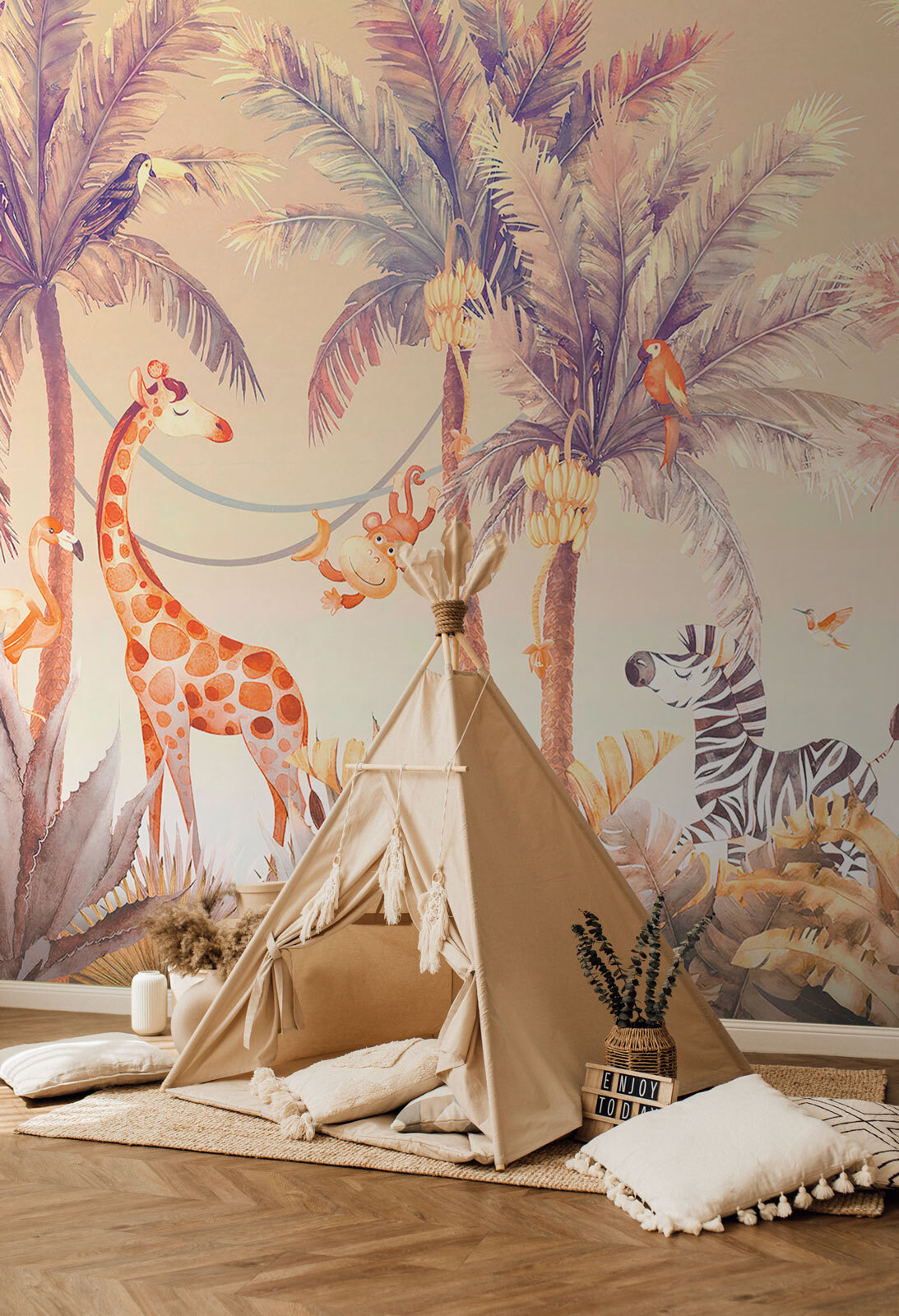 Giraffe and zebra in a jungle