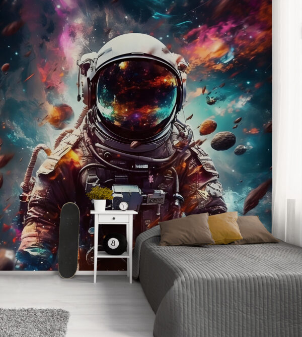Astronauta w kosmosie z dużym hełmem Astronauta w kosmosie z dużym hełmem