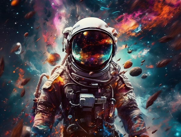 Astronauta w kosmosie z dużym hełmem Astronauta w kosmosie z dużym hełmem