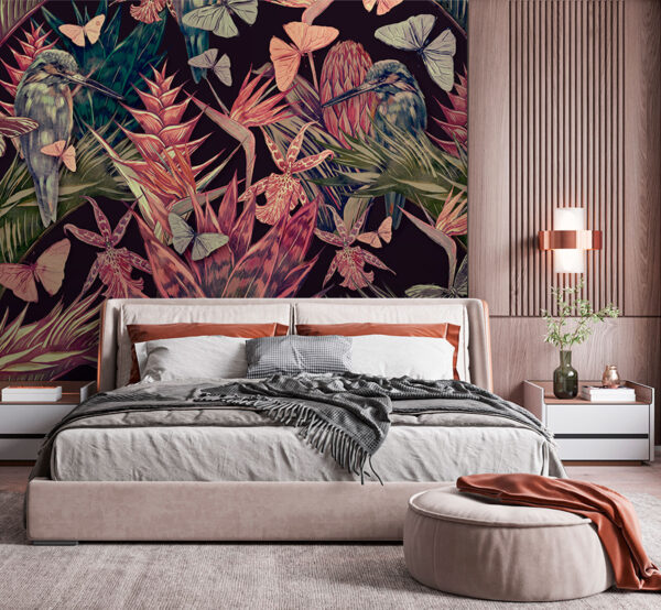 Pattern of tropical plants and birds