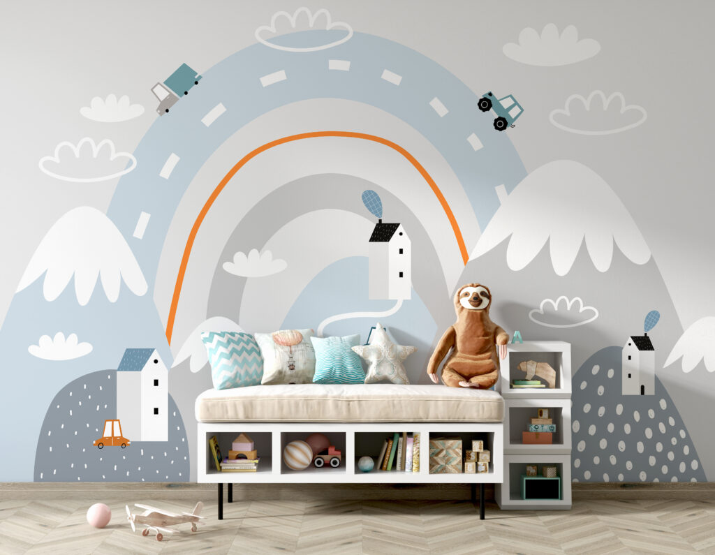 Cartoon of a road with houses and rainbow