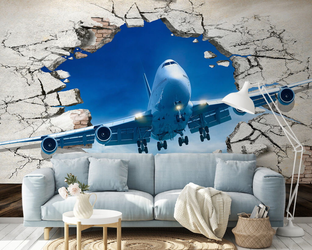 Plane coming through a hole in the wall