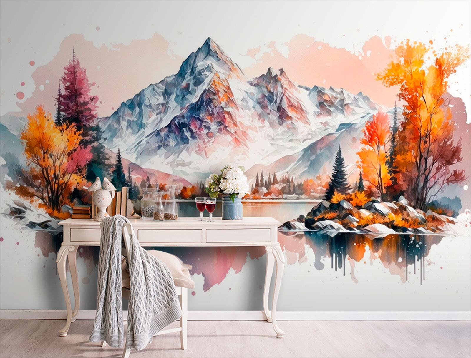 Watercolor painting of a mountain and a lake Watercolor painting of a mountain and a lake