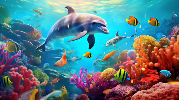 Delfin pływający w rafie koralowej Delfin pływający w rafie koralowej