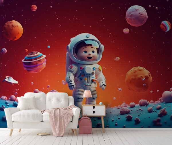 Kreskówka przedstawiająca zabawkowego astronautę w kosmosie Kreskówka przedstawiająca zabawkowego astronautę w kosmosie