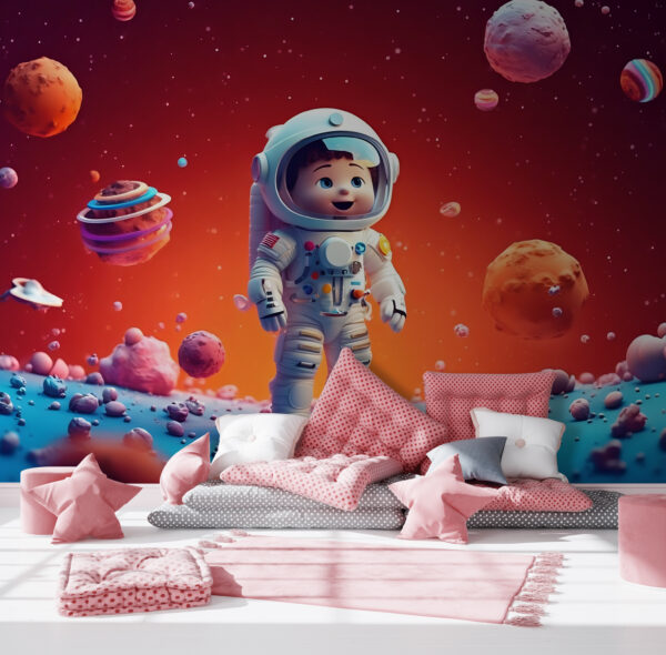 Kreskówka przedstawiająca zabawkowego astronautę w kosmosie Kreskówka przedstawiająca zabawkowego astronautę w kosmosie