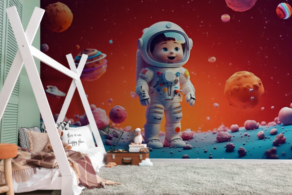 Kreskówka przedstawiająca zabawkowego astronautę w kosmosie Kreskówka przedstawiająca zabawkowego astronautę w kosmosie