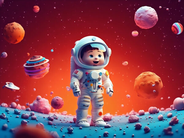Kreskówka przedstawiająca zabawkowego astronautę w kosmosie Kreskówka przedstawiająca zabawkowego astronautę w kosmosie