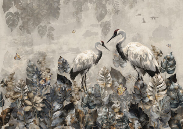 Couple of cranes standing in a field of leaves Couple of cranes standing in a field of leaves