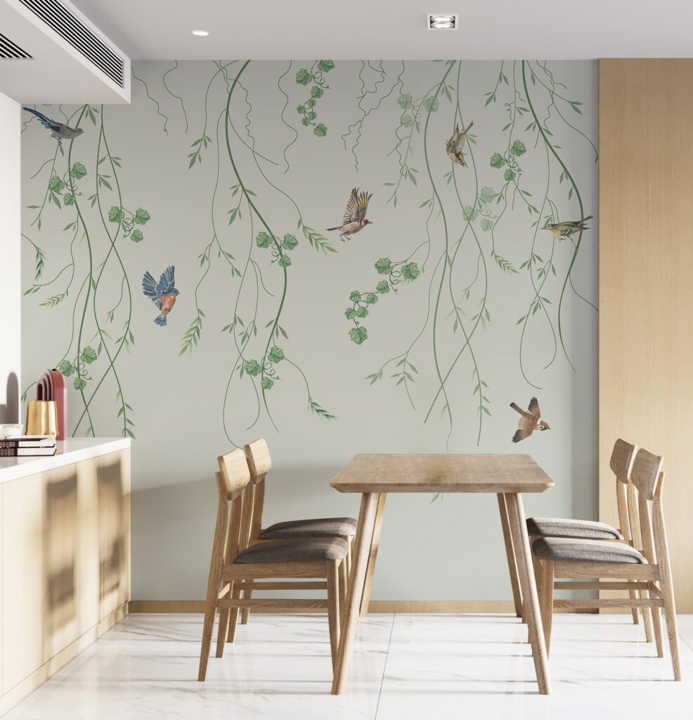 Wallpaper with birds and vines