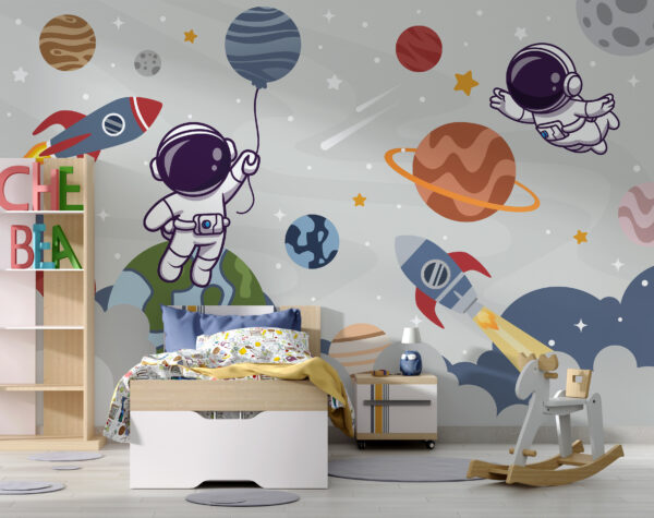 Kreskówkowy astronauta w kosmosie z planetami i rakietą lecącą po niebie Kreskówkowy astronauta w kosmosie z planetami i rakietą lecącą po niebie