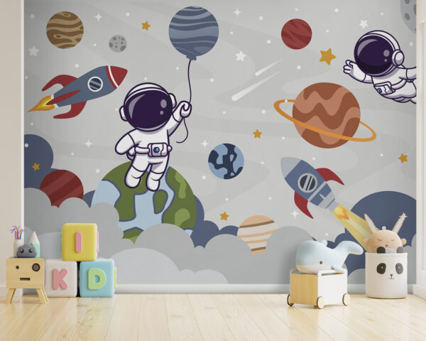Kreskówkowy astronauta w kosmosie z planetami i rakietą lecącą po niebie Kreskówkowy astronauta w kosmosie z planetami i rakietą lecącą po niebie