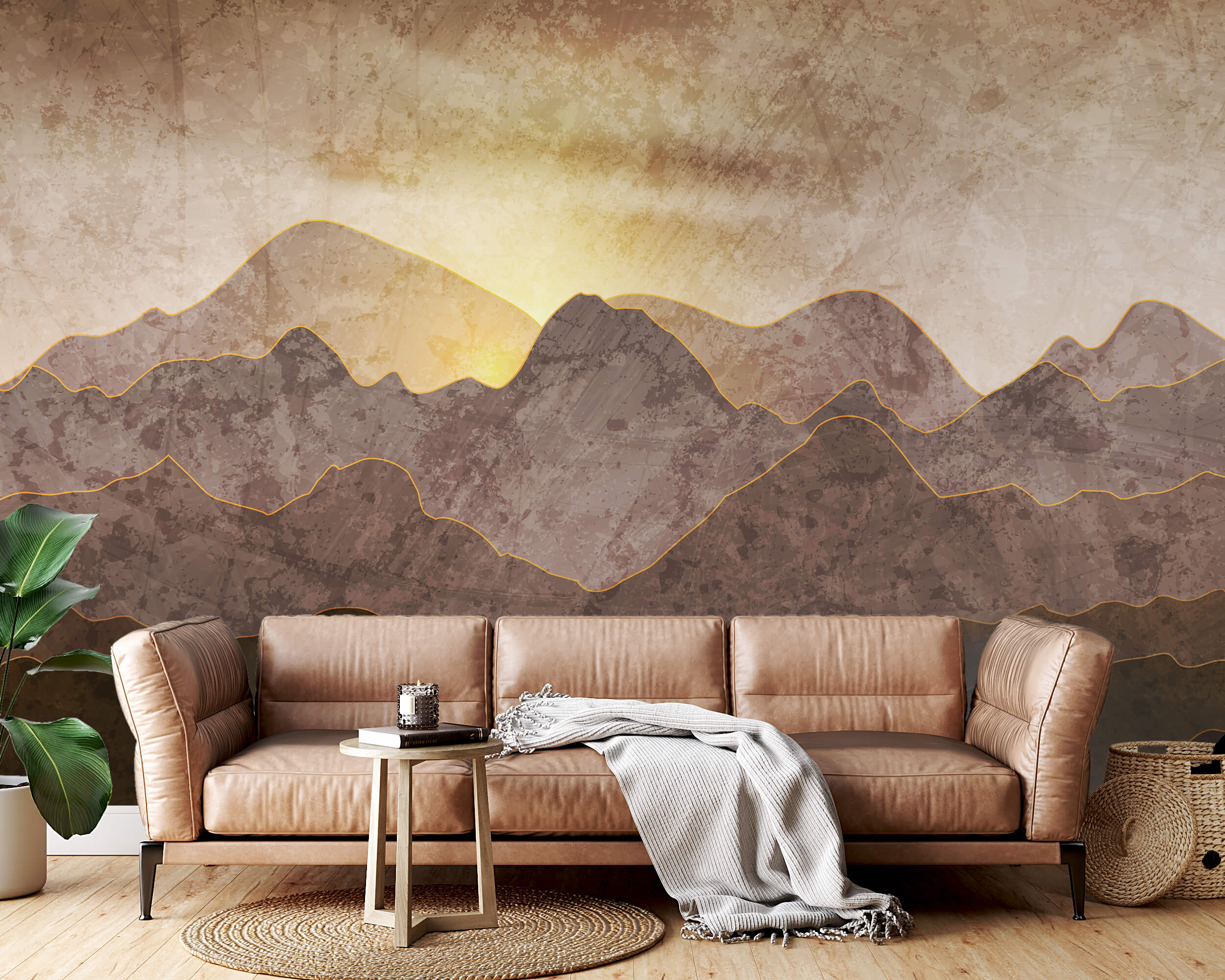 Painting of mountains and sun