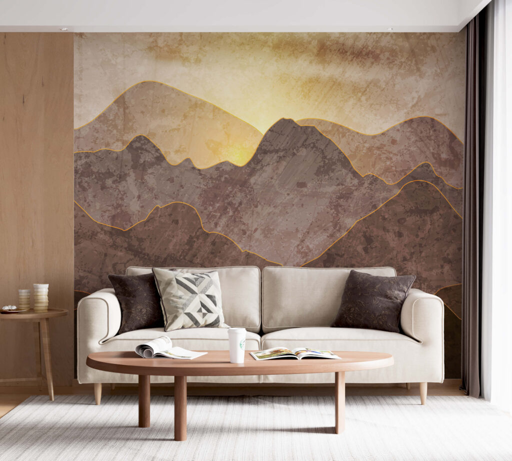 Painting of mountains and sun