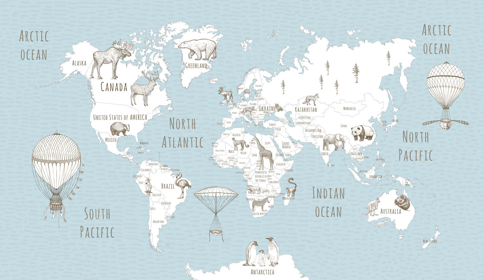 Map of the world with animals