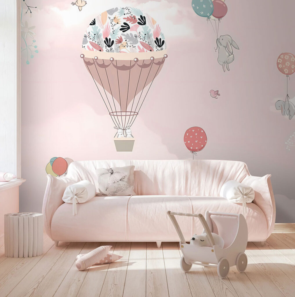 Hot air balloon with birds and animals