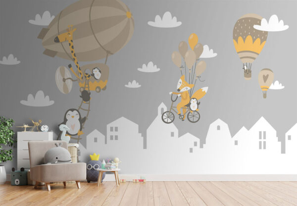 Zwierzęta z kreskówek jadące na rowerze i balon Zwierzęta z kreskówek jadące na rowerze i balon