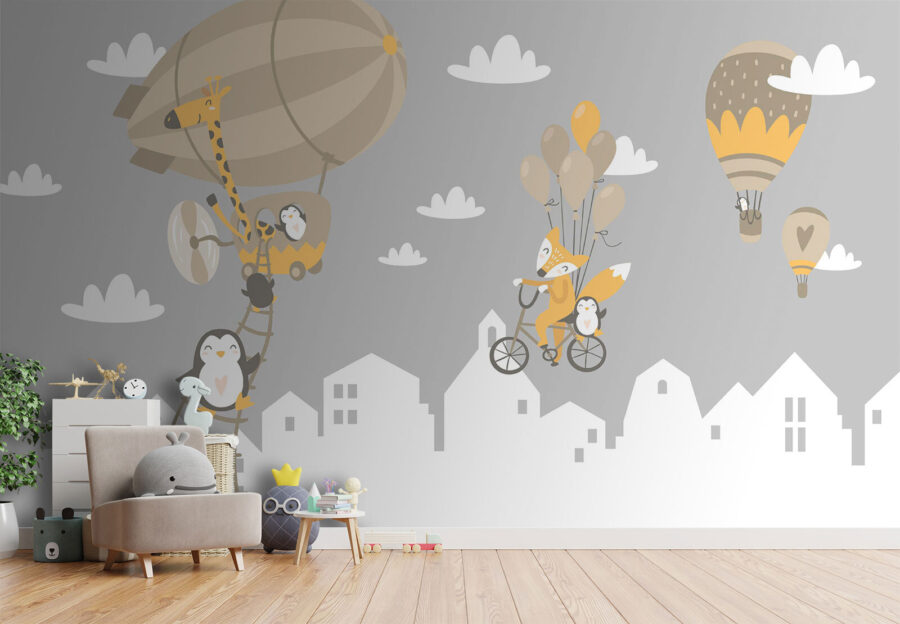 Zwierzęta z kreskówek jadące na rowerze i balon Zwierzęta z kreskówek jadące na rowerze i balon
