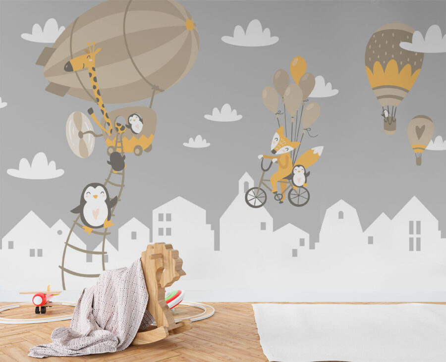 Zwierzęta z kreskówek jadące na rowerze i balon Zwierzęta z kreskówek jadące na rowerze i balon