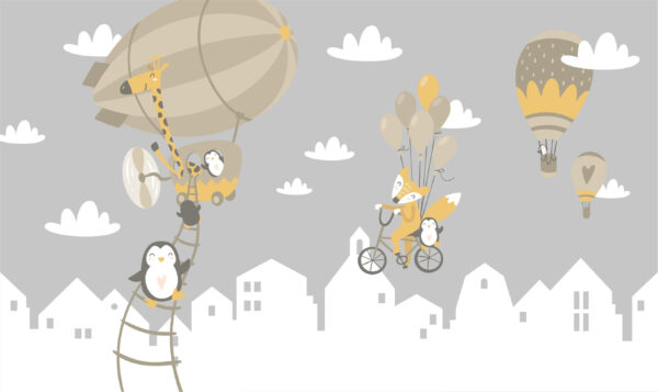 Zwierzęta z kreskówek jadące na rowerze i balon Zwierzęta z kreskówek jadące na rowerze i balon