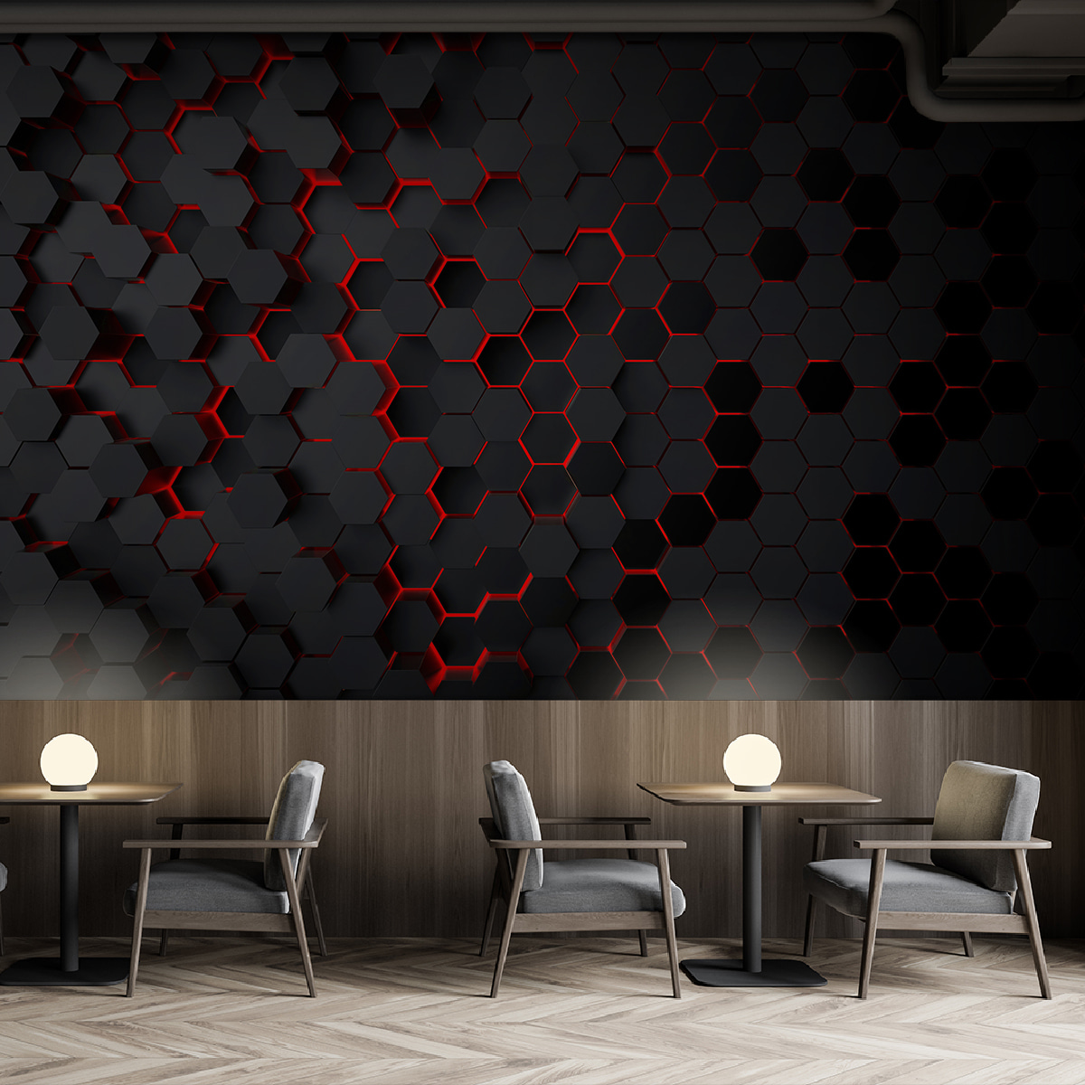 A black hexagons with red light