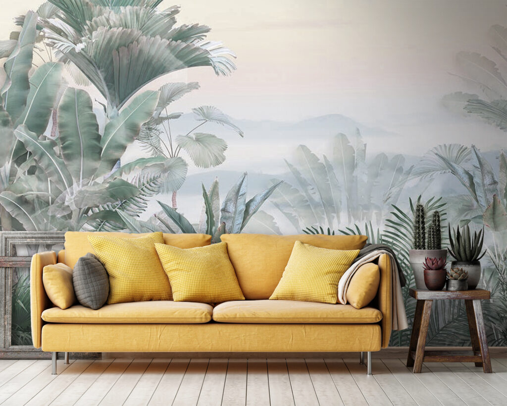 Foggy landscape with plants