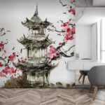 Fototapeta Obraz przedstawiający pagodę i kwiaty wiśni