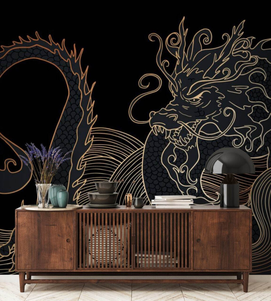 Mystical dragon swirling in darkness