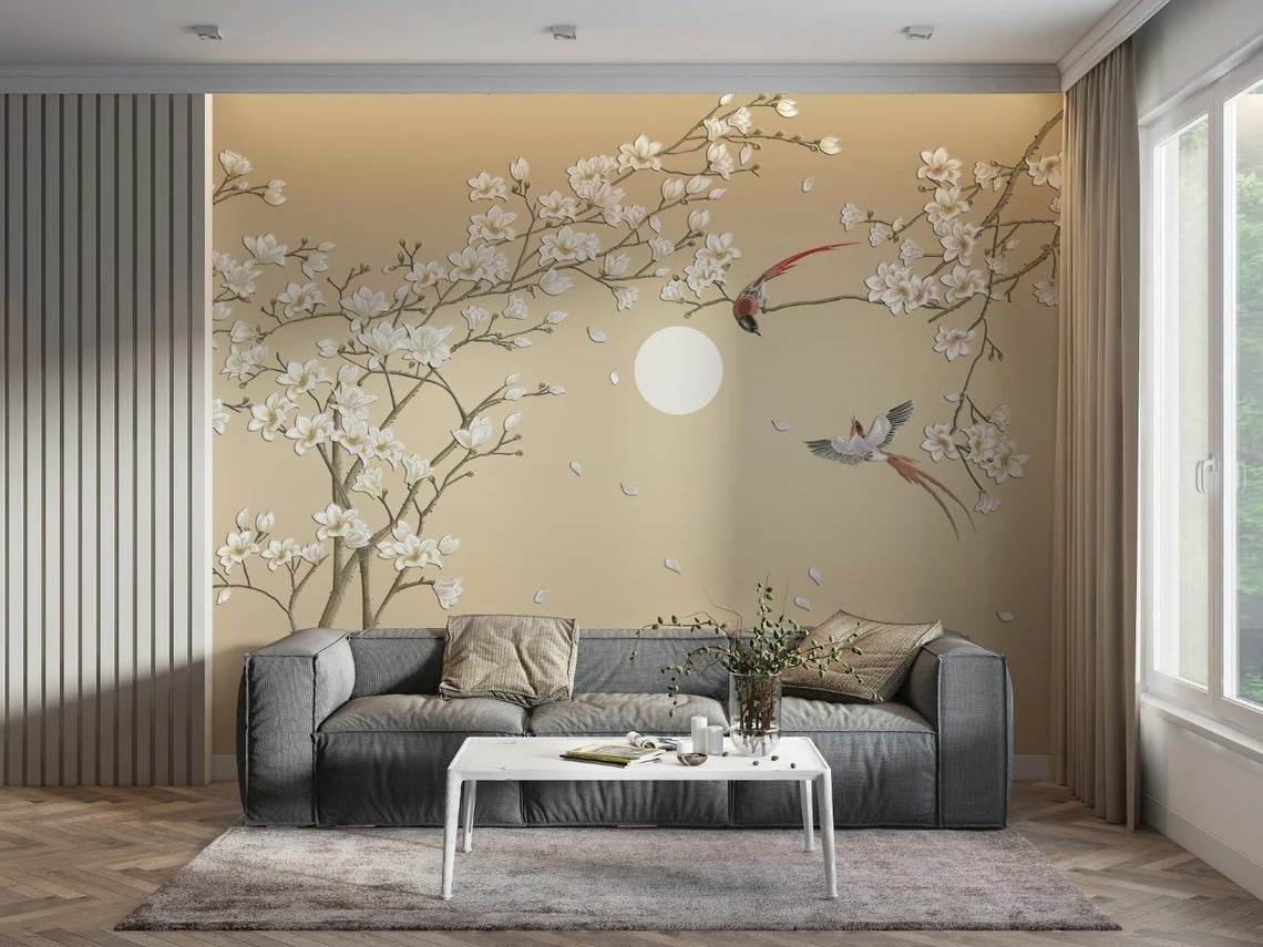 Tree with white flowers and birds Tree with white flowers and birds