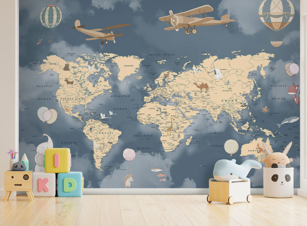 Map of the world with airplanes and balloons
