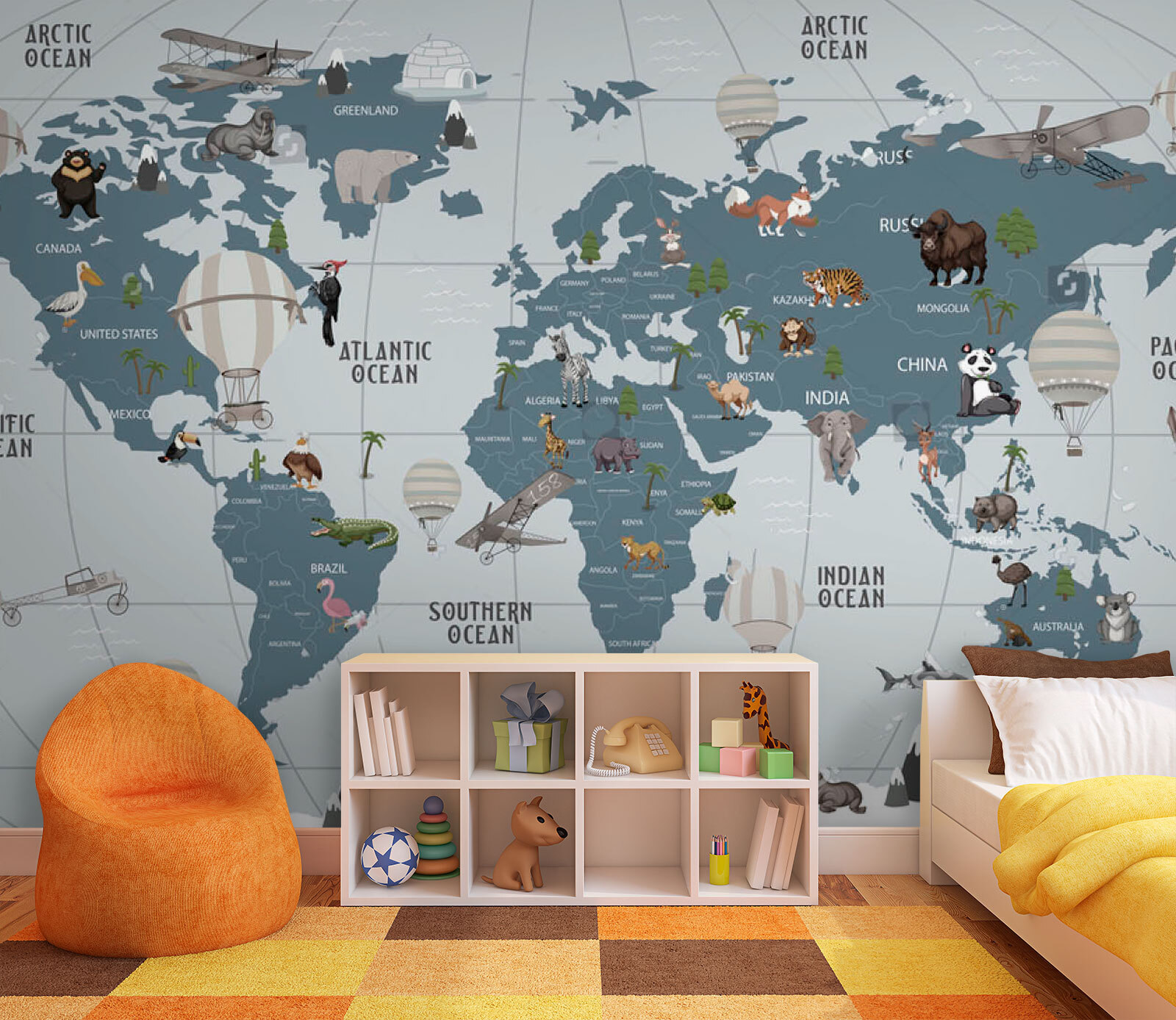 Map of the world with animals Map of the world with animals