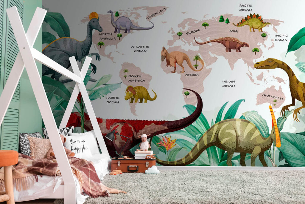 Map of dinosaurs with plants and names
