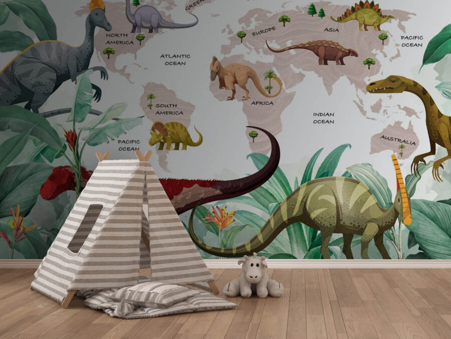 Mapa dinozaurów z roślinami i nazwami
